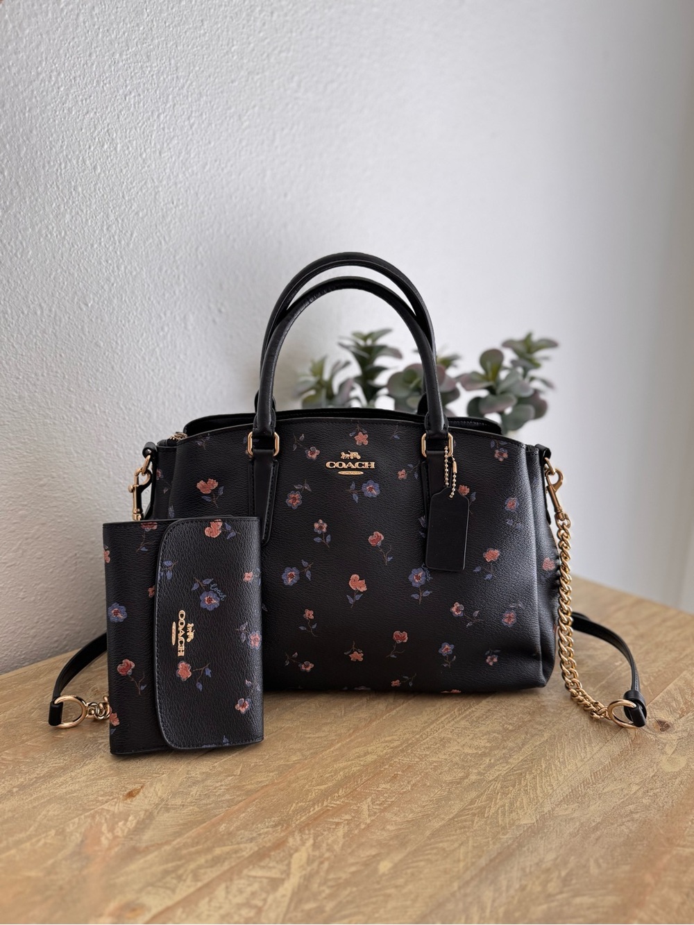 Coach Black Floral Pebbled Leather Satchel and Wallet Set